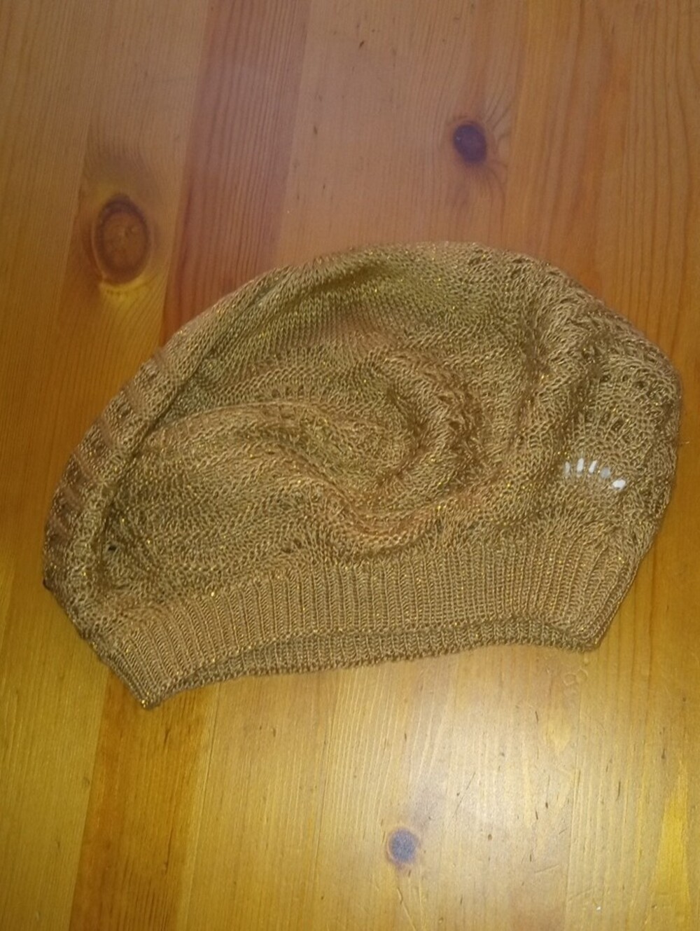 Beige Knit Beret with Pearl & Sequin Flower Accent - Picture 5 of 5